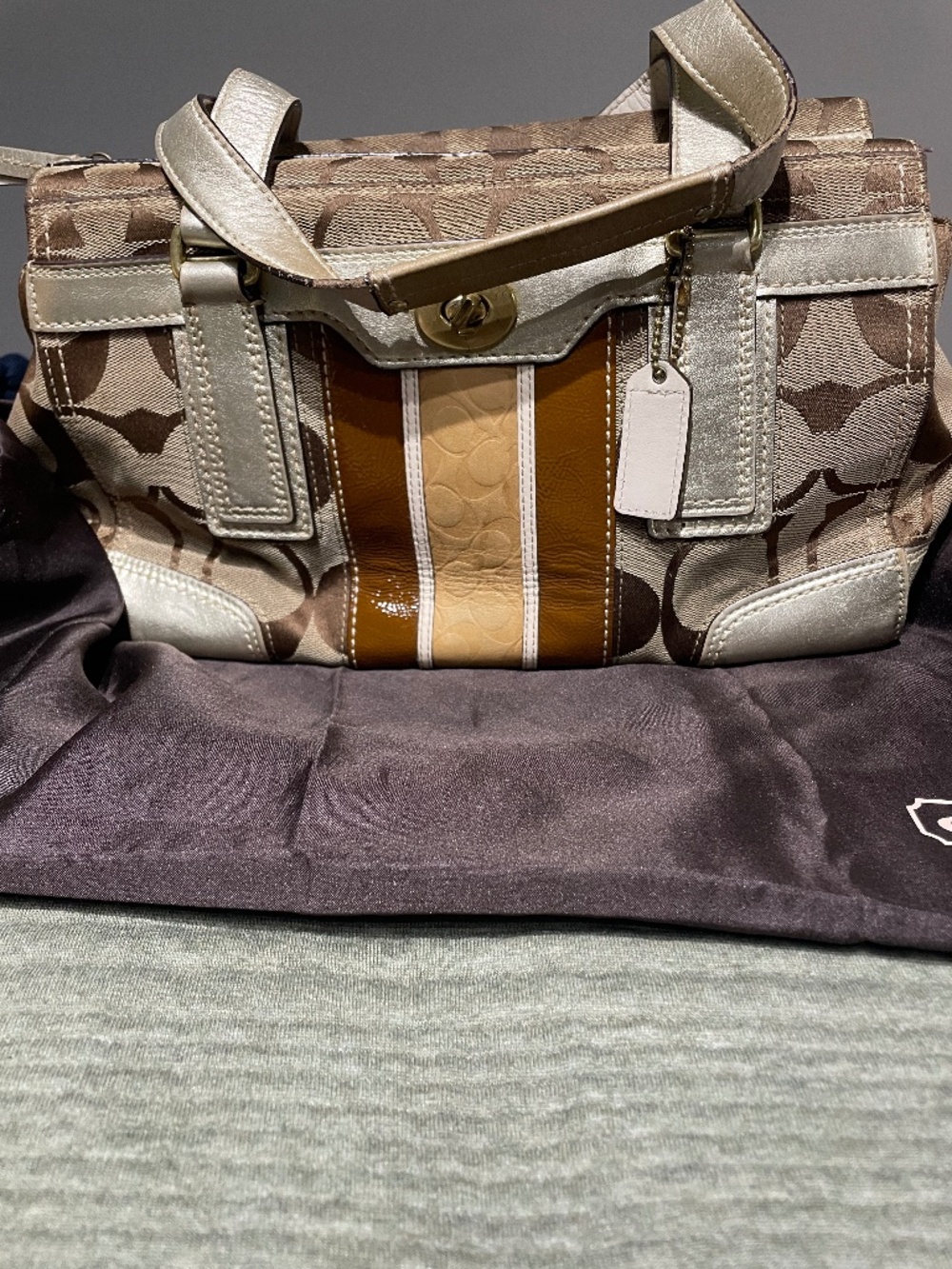 Coach Hampton Signature Satchel | Brown & Metallic Gold | Classic Monogram